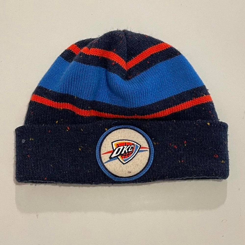 Mitchell & Ness OKC Thunder NBA Striped Knit Beanie Hat Blue Orange Mens OSFM